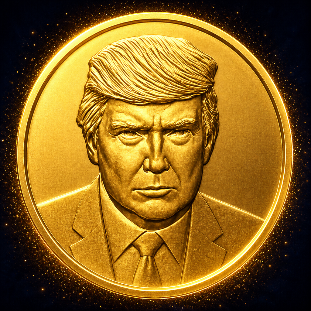 Close-up gold Trump Coin portrait with sparkles
