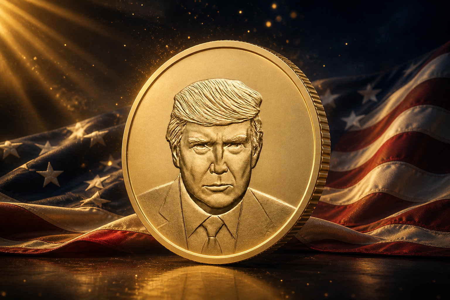 Gold Trump Coin in front of the American flag