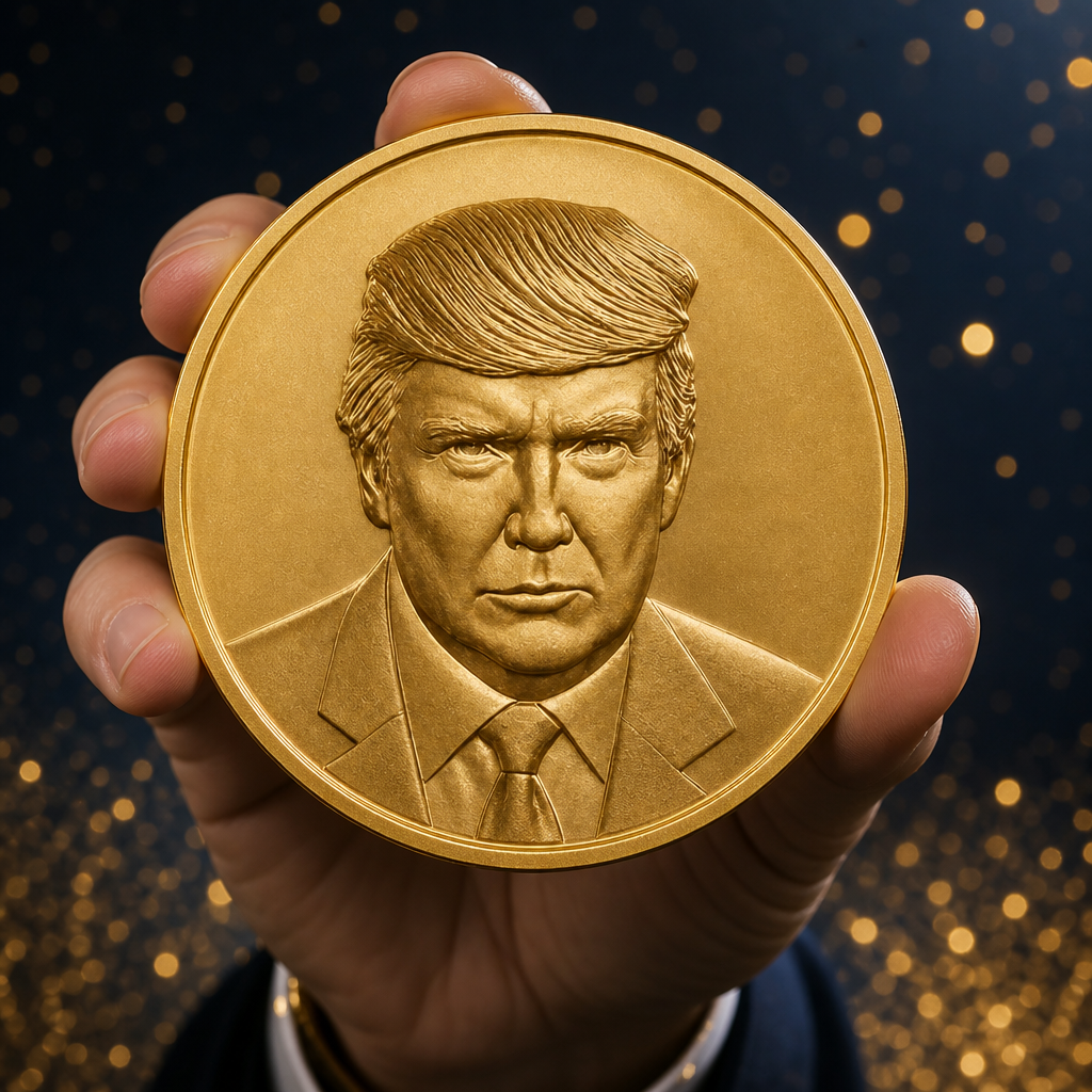 Hand holding the gold Trump Coin