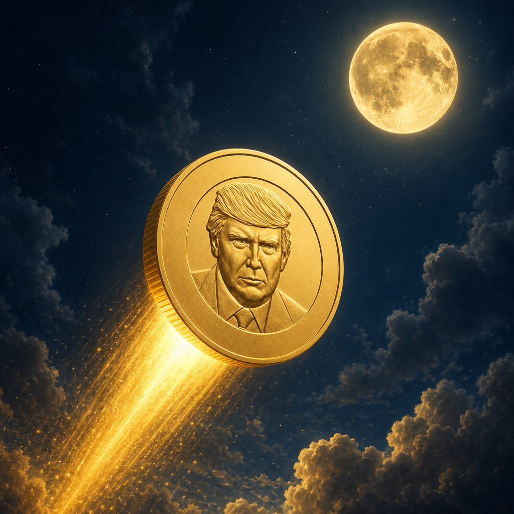 Gold Trump Coin flying toward the moon
